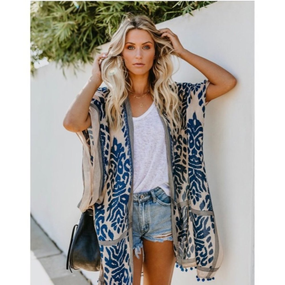 Bohemian Blue Prowess Pom Pom Kimono NEW